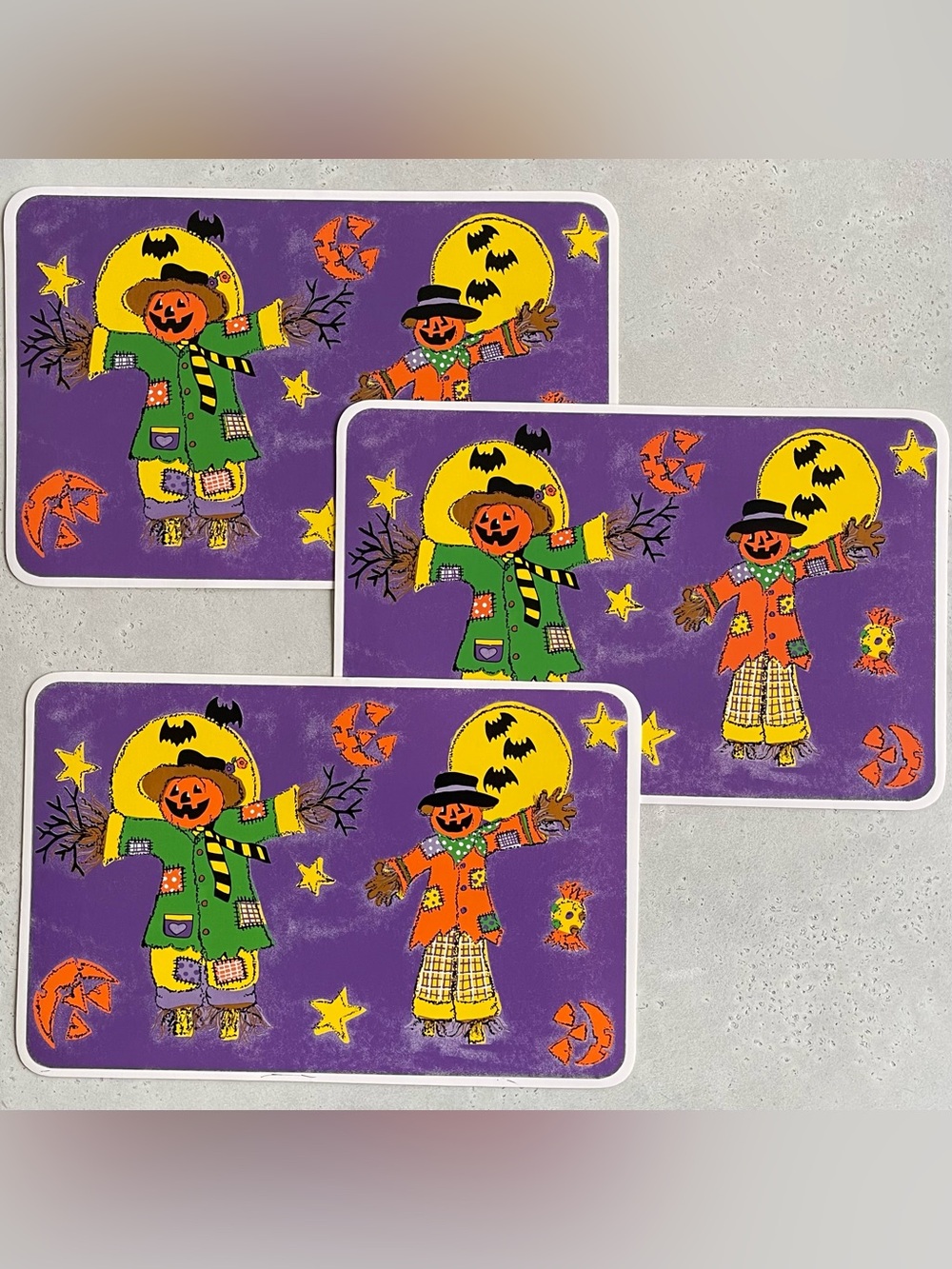 90s Vintage Set of 3 Vinyl Happy Halloween Scarecrow Placemats Jack-o-lanterns